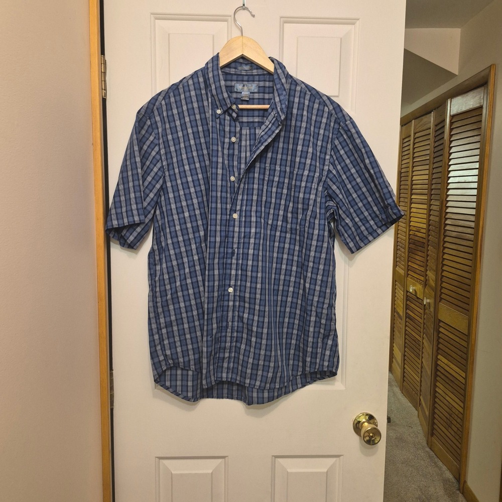 NorthCrest Classic Mens Blue Plaid Short Sleeve Button Down Shirt Large 42-44